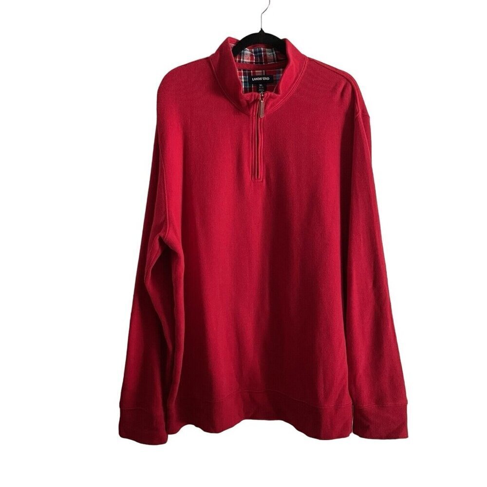 Lands’ End Men SZ XL 46-48 Red 1/4 Zip Collared Long Sleeve Sweater